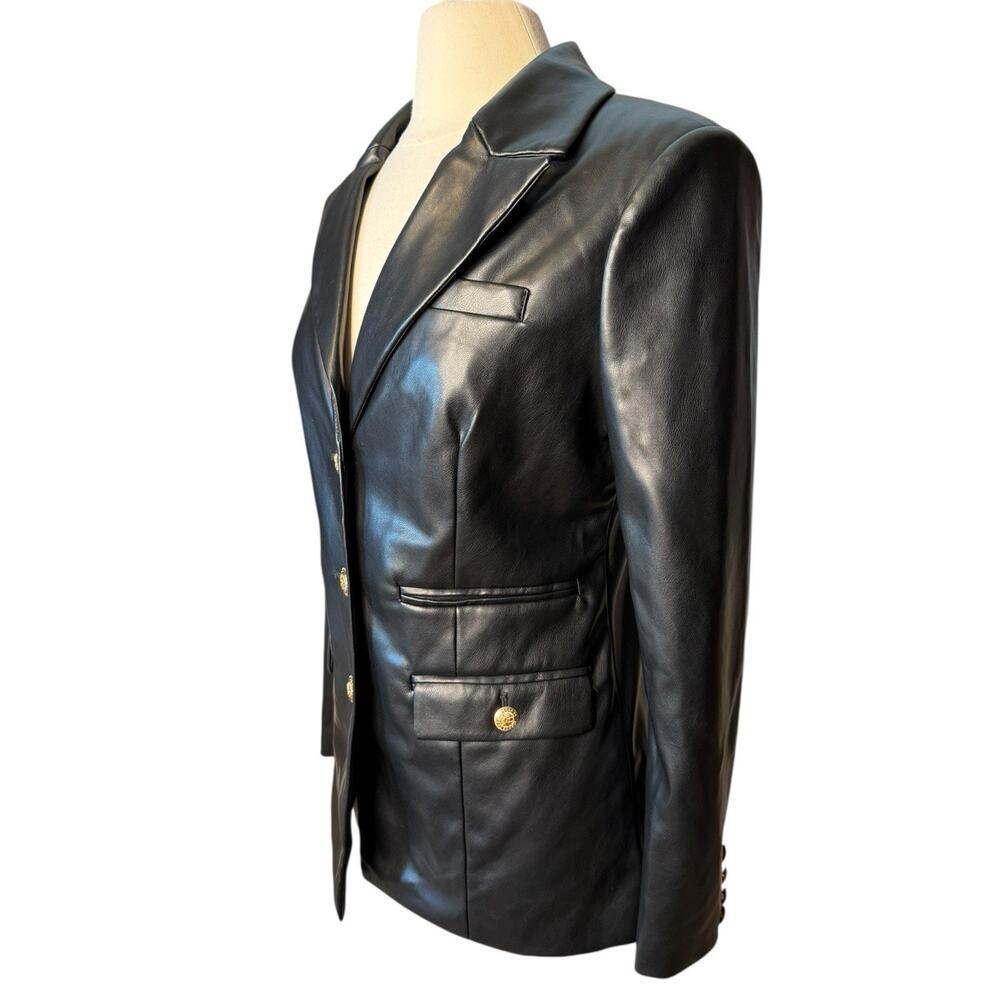 7 For All Mankind Faux Leather Black Blazer Women's Medium Gold Buttons - Picture 3 of 8